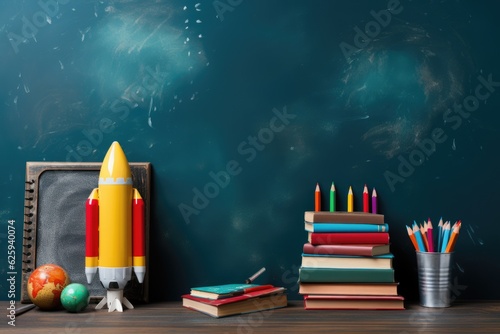 school items on a wooden table on a chalkboard background, Generative AI