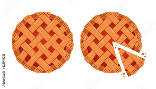 Pie top view. Cooked tasty round food pastry pie desserts exact vector illustrations