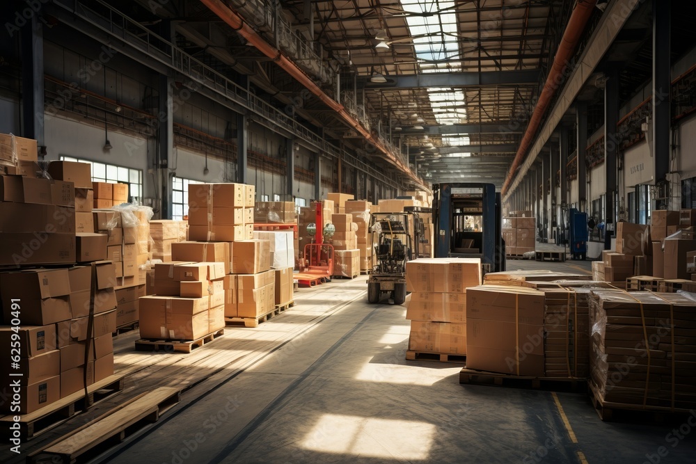 Warehouse Floor With Cardboard Boxes, Generative AI Warehouse Floor With Cardboard Boxes, Generative AI