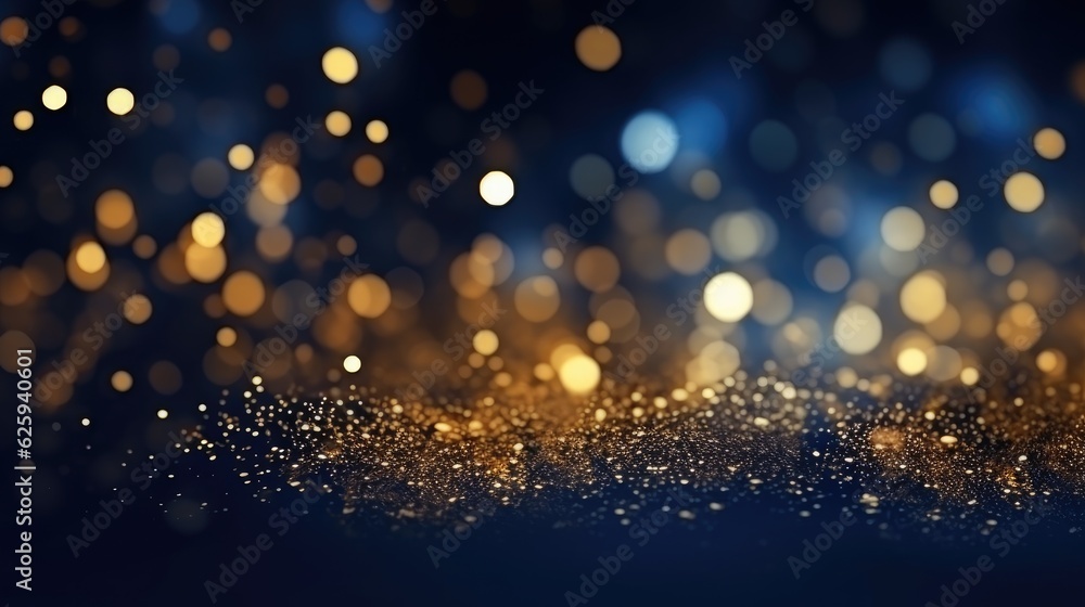Obraz premium Abstract golden stars glittering particles on blue background. Generative AI
