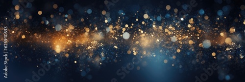 Abstract golden stars glittering particles on blue background. Generative AI