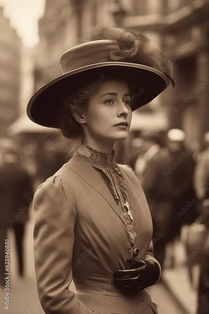Beautiful young lady portrait in hat on street. Vintage photo 1890, Generative AI Beautiful young lady portrait in hat on street. Vintage photo 1890, Generative AI