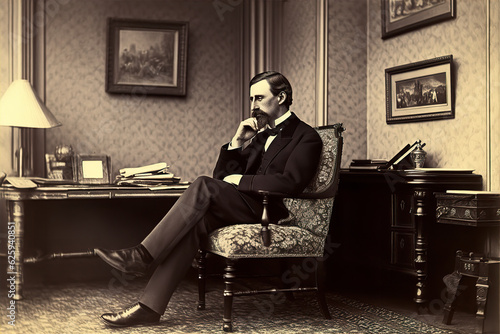 Rich man aristocracy, banker, businessman sits in chair in drawing room, 1890. Vintage photo made with Generative AI 