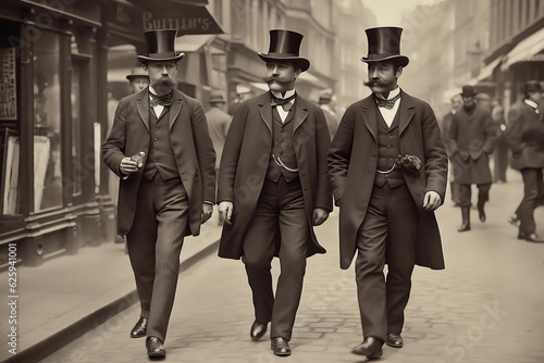Rich English men walking on street, 1890th, vintage photo Generative AI