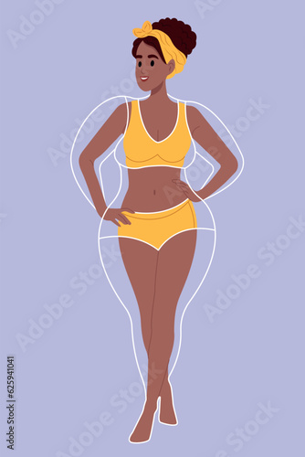 Young slim African American woman enjoying weight loss result with fat abstract body around, Diet, health and body care, before and after.