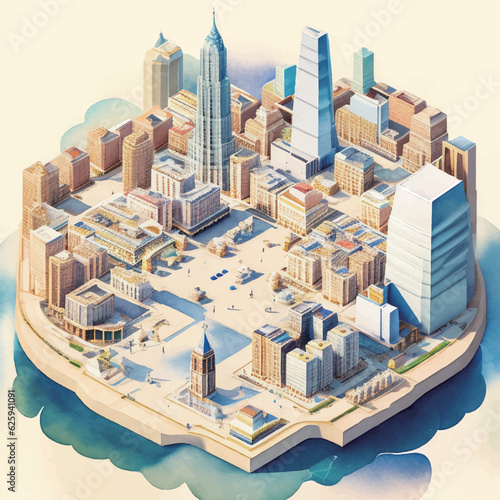 さまざまなビル群のアイソメ水彩イラスト Generative AI