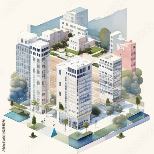 さまざまなビル群のアイソメ水彩イラスト Generative AI