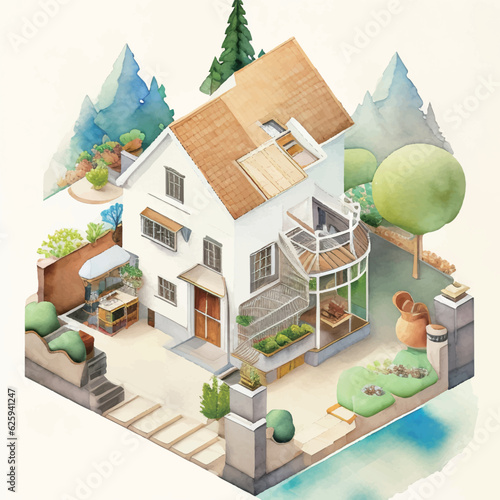 森の中の小さな家のアイソメ水彩イラスト Generative AI