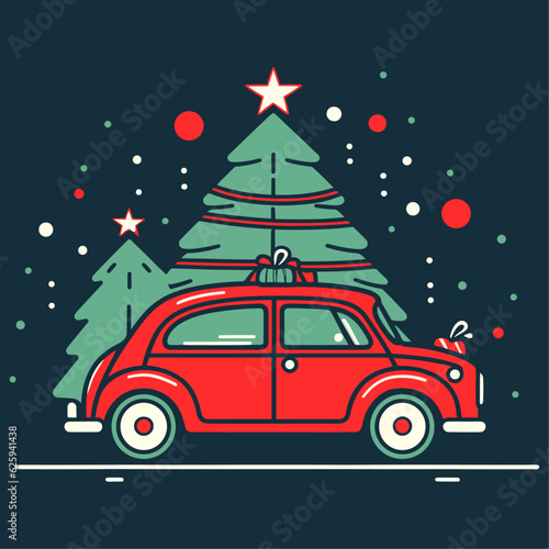 Cute little Red Car With Christmas elements  vector illustration.