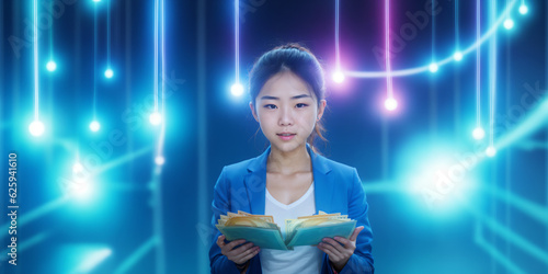 Asian businesswoman reading a book against glowing light trails on blue background © ebhanu