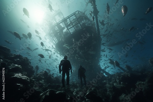 Fotografie, Obraz Photograph of people scuba diving undersea wrecks, Generative AI