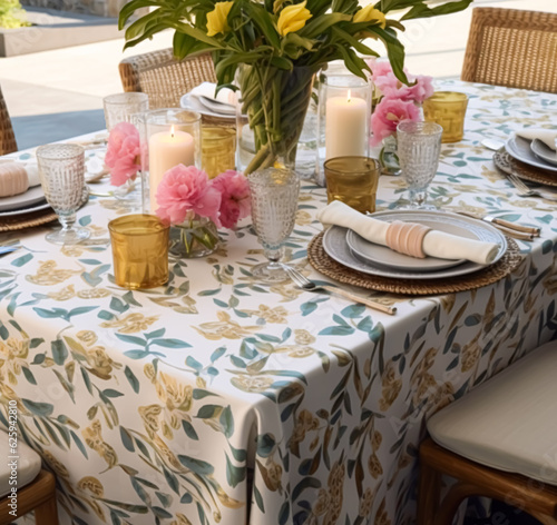 Botanical holiday tablescape, outdoor English country table setting, table scape with elegant tableware and dinnerware for wedding party and event, generative ai