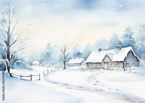 Merry Christmas and Happy Holidays, watercolour printable art print, English countryside cottage as snow winter holiday Christmas card, thank you and diy greeting card design, country style © Anneleven