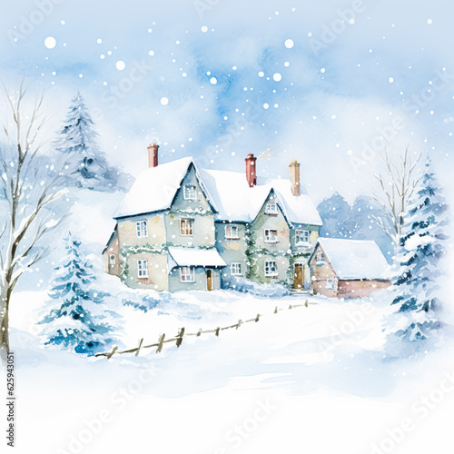Wallpaper Mural Merry Christmas and Happy Holidays, watercolour printable art print, English countryside cottage as snow winter holiday Christmas card, thank you and diy greeting card design, country style Torontodigital.ca