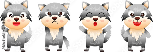 A set of wolf characters with emotions: normal, sadness, servitude, fun, smile. For textbooks, books, websites. On an isolated white background.