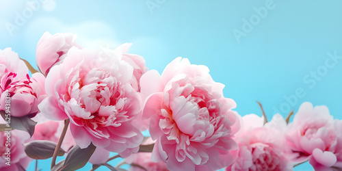 Template of pink fresh peonies flowers on a blue background. floral natural background for your projects.