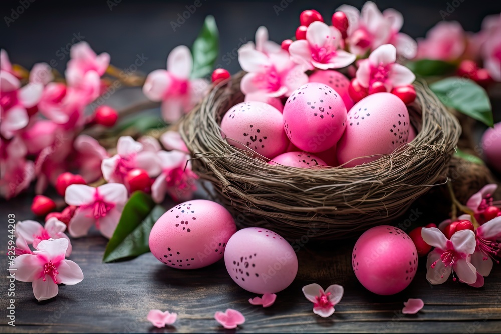 Happy Easter! Celebrate the Season with a Traditional Easter Symbol of Painted Eggs and Pink Flowers on a Wooden Background: Generative AI Happy Easter! Celebrate the Season with a Traditional Easter Symbol of Painted Eggs and Pink Flowers on a Wooden Background: Generative AI