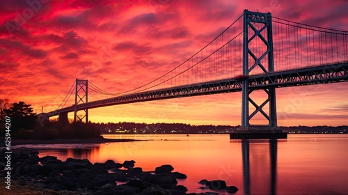 Scenic Dawn View of Mount Hope Bridge: Iconic Historic Landmark in Rhode Island: Generative AI