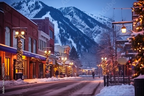 Winter Wonderland in Downtown Aspen, Colorado: Explore the Resort, Shops, and Nature Amidst the White Snow and Blue Sky: Generative AI photo