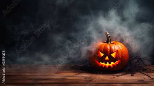 Spooky Halloween Pumpkin on Wooden Planks - Autumn Theme with Stripes and Banner Background: Generative AI