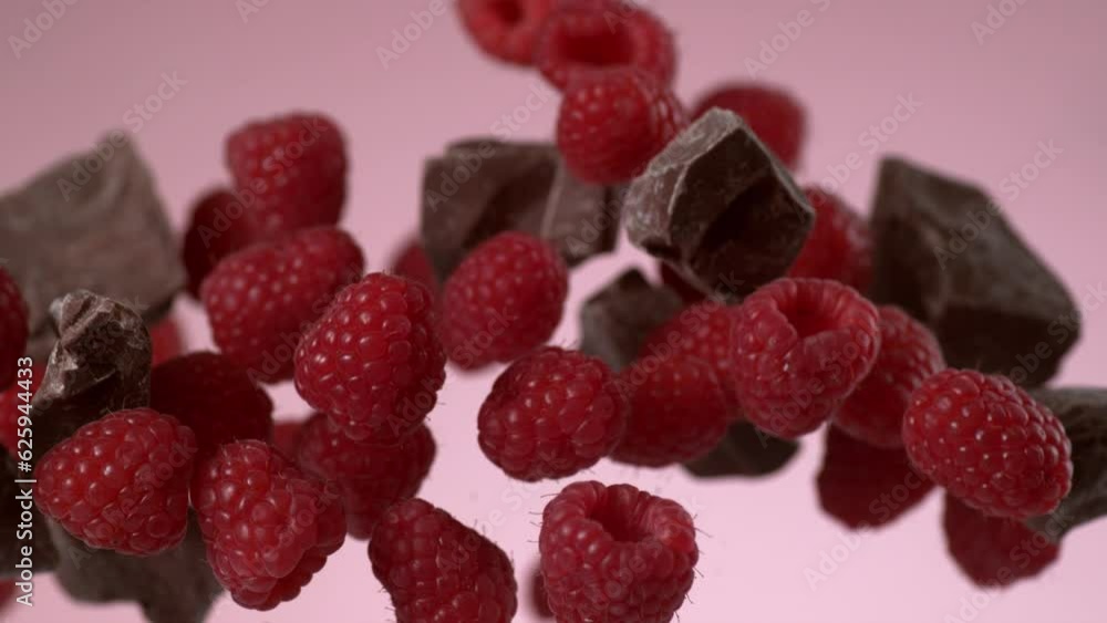 Chocolate and raspberries falling in slow motion Chocolate and raspberries falling in slow motion
