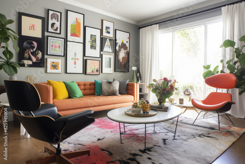 A colorful and eclectic living room inspired by mid-century modern design  with vintage pieces mixed with contemporary art and bold pops of color  generative AI  