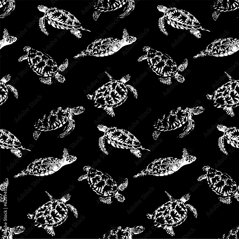 Sea turtles in the depths of the sea - monochrome black and white ...