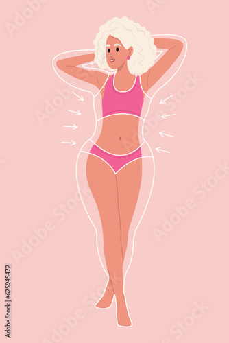 Body care concept Slim lady in lingerie with perfect body shape posing with raised arms and outline with arrows.