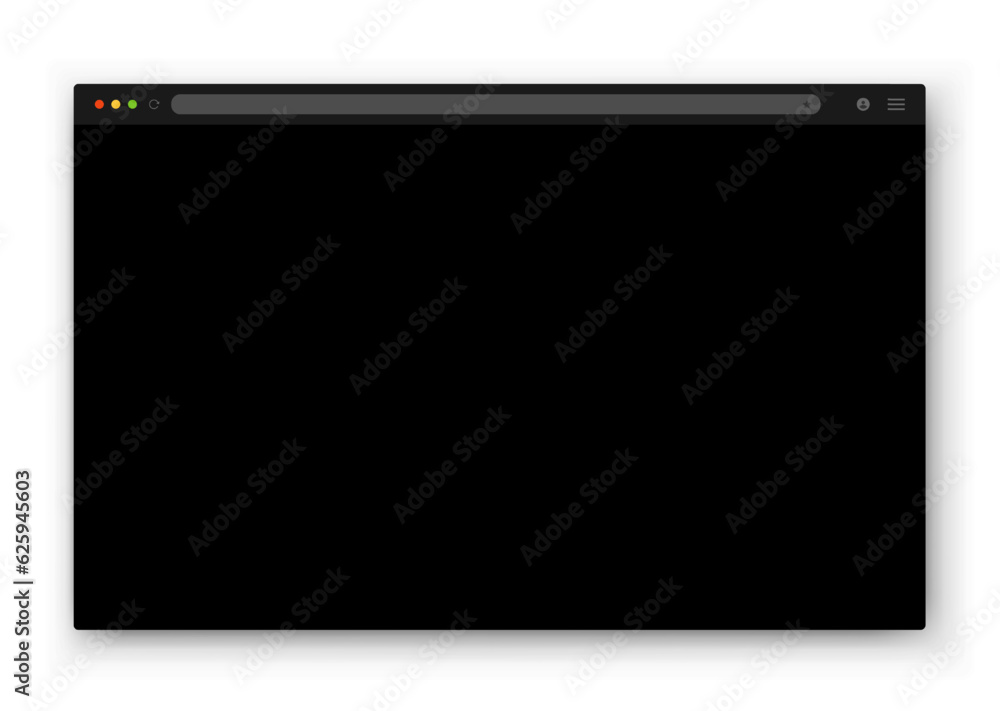 The design of the web browser window in black on a white background. Vector frame of a website template with a shadow. Night mode theme. Vector EPS 10.