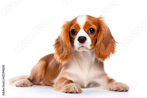 Adorable Puppy Cavalier King Charles Spaniel Sitting Isolated on White Background. Perfect Pet and Companion with Horizontal Studio Shot. Generative AI