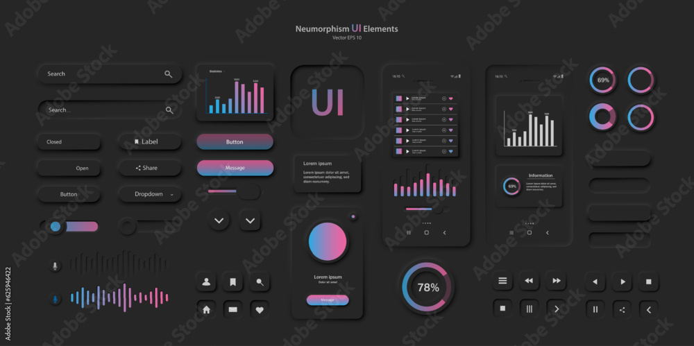 User interface elements for a mobile application in a dark style. A set for developing a modern website or mobile application in the Neumorphism style. Vector EPS 1 0.
