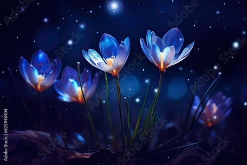 Crocus Flowers Blooming in a Dark Blue Galaxy: Ethereal Mystery Art. Generative AI