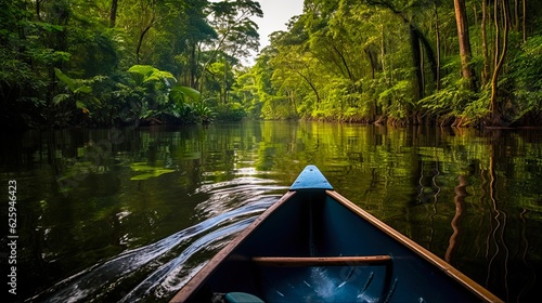 Exploring the Beauty of Amazonia: Journey to Cuyabeno National Park by Boat - Adventure in America's Lush Backwaters. Generative AI