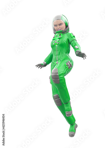 astronaut girl is floating and trying to find a place to land