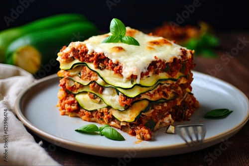 Healthy Zucchini Lasagna Bolognese - A Delicious and Nutritious Dinner Dish for Vegetarians with Layers of Zucchini, Bolognese, and Cheese. Perfect for Baking: Generative AI