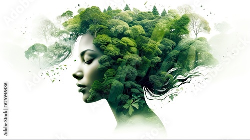 Isolated Double Exposure Effects for Women with Attractive Green Tree. Gorgeous Natural and Meditative Eco-friendly White Background. Generative AI photo