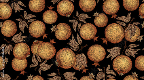 Pomegranate pattern. Pomegranate plant branch with fruits. Vintage Pomegranates illustration. Hand drawn ink style fruit background. Pomegranate tree, ripe fruit. Rosh hashanah print. Textile, fabric 