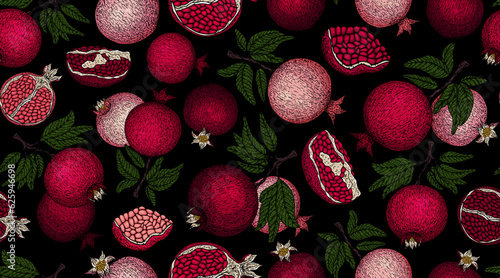 Pomegranate pattern. Pomegranate plant branch with fruits. Vintage Pomegranates illustration. Hand drawn ink style fruit background. Pomegranate tree, ripe fruit. Rosh hashanah print. Textile, fabric 