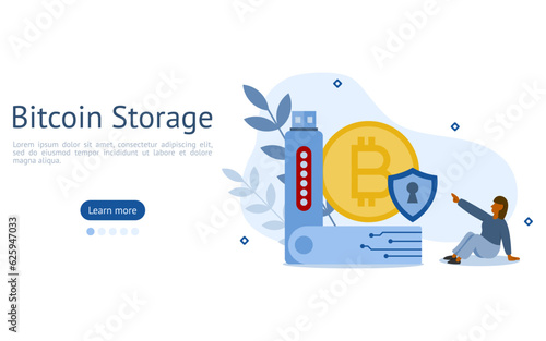 bitcoin storage illustration set. characters use cold wallets for store bitcoins, that are required to access wallet. digital wallet concept.
