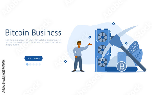 Bitcoin investment illustration set. characters are mining bitcoins with graphics cards. Bitcoin mining and investment concept vector.
