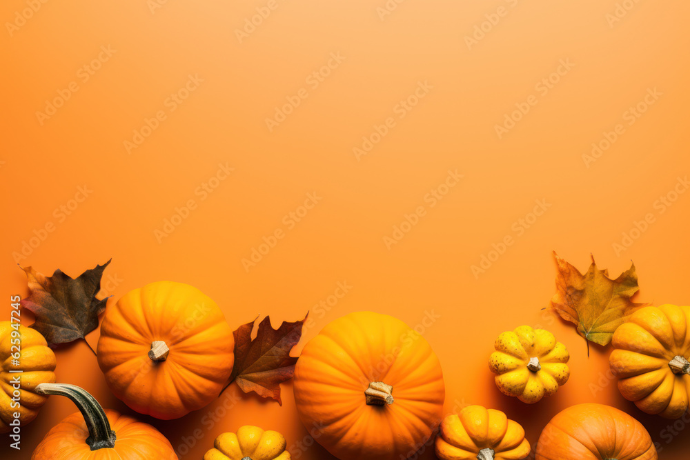 Pumpkins on a orange background. Generative AI illustration.