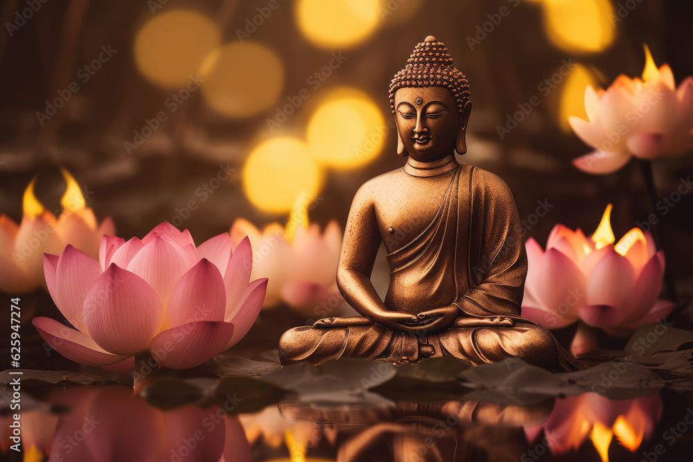 glowing Lotus flowers and gold buddha statue, generative AI	
