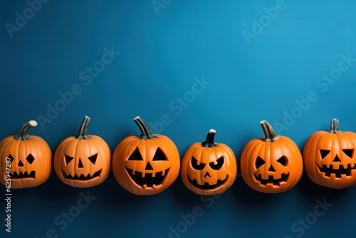 Creative pumpkin carving on a trendy blue backdrop - a fun Halloween concept with generative AI