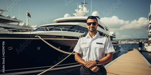 confident captain standing in front of a luxury yacht. The captain exudes a sense of professionalism and expertise, with the impressive yacht in the background. Generative AI © sandsun