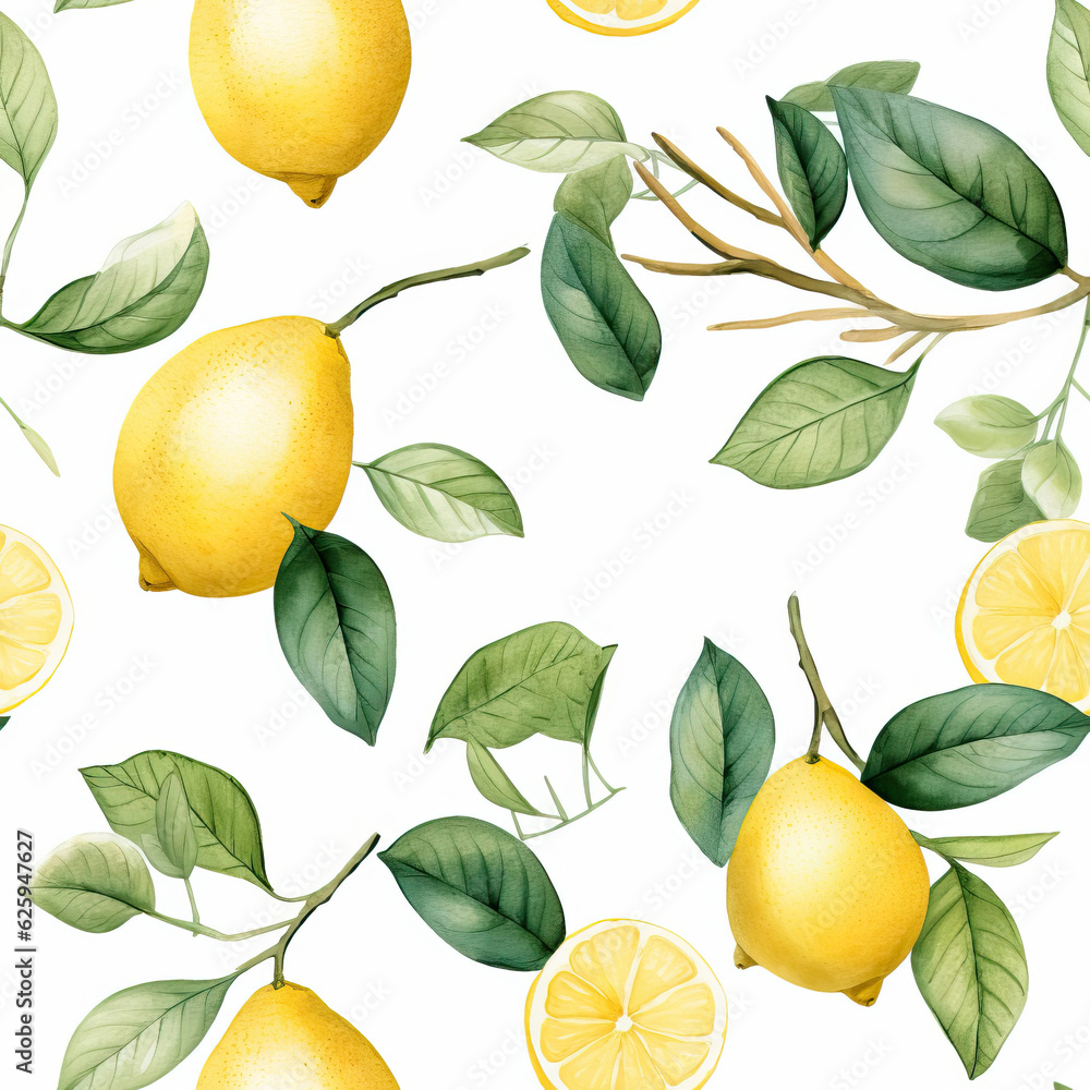 A painting pattern of lemons and leaves on a white background created with Generative AI technology A painting pattern of lemons and leaves on a white background created with Generative AI technology