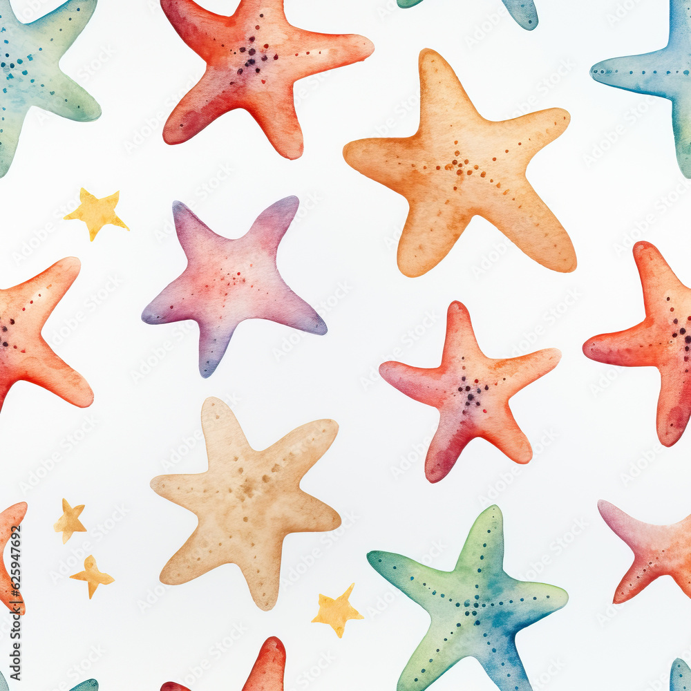 A watercolor pattern of starfish on a white background created with Generative AI technology A watercolor pattern of starfish on a white background created with Generative AI technology