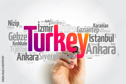 List of cities in Turkey, map silhouette word cloud, business and travel concept background photo