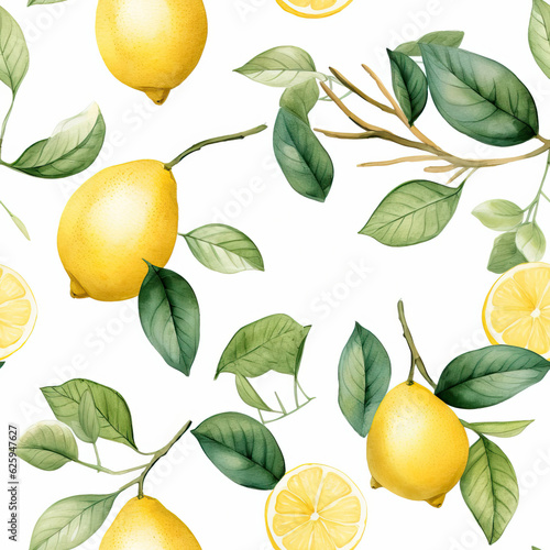 A painting pattern of lemons and leaves on a white background created with Generative AI technology