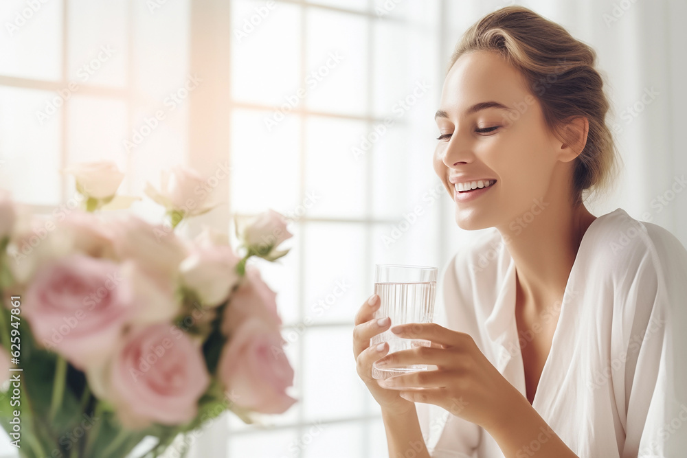 Beautiful young woman with glass of water and roses. Hydration, health-conscious, closeup bright photography. Generative AI