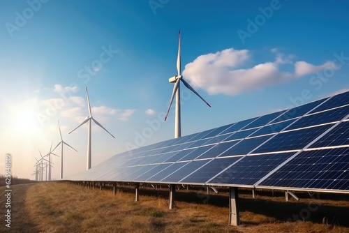 Solar panels wind turbines installed as renewable energy sources for electricity and power supply. Innovation and technology, environmental friendly energy